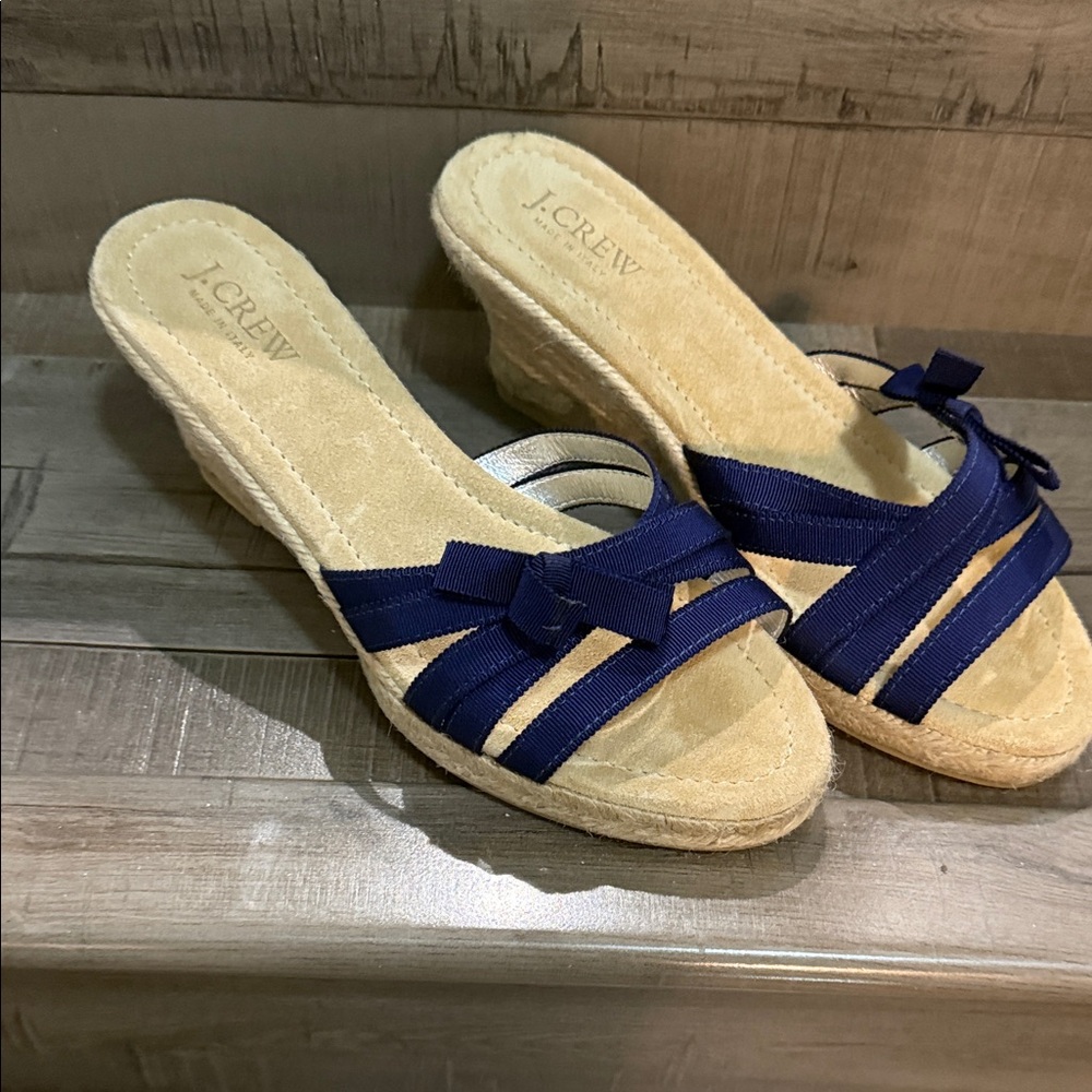 J. Crew Beige and Navy Wedge Sandals